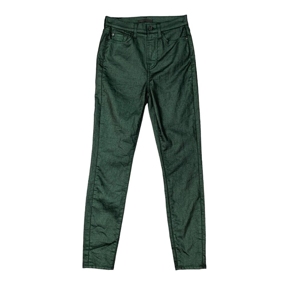 7 For All Mankind Pants Womens 25 Emerald Metallic Coated Twill Skinny High Rise